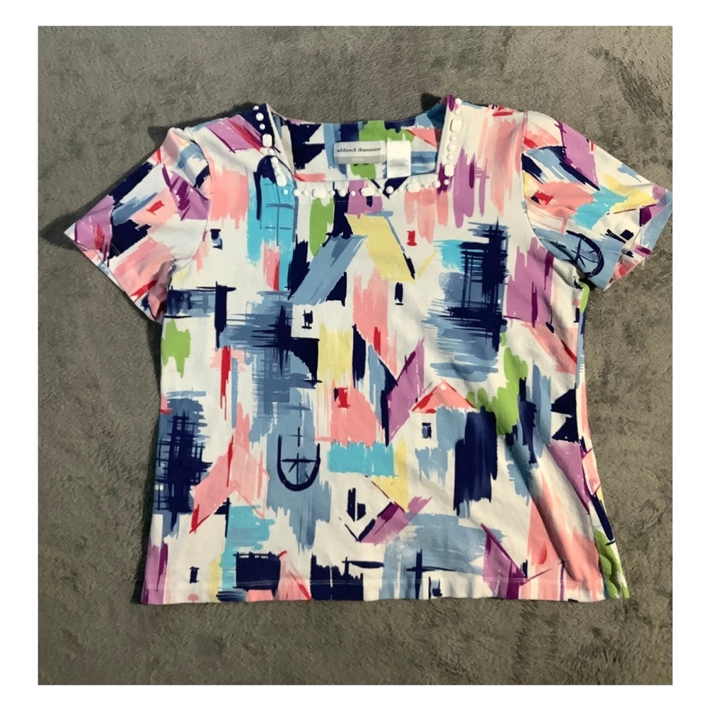 Alfred Dunner Petite PS Top Short Sleeve Square Neck Beaded Abstract Brushstroke